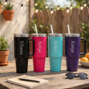 Custom engraved tumbler with reusable straw